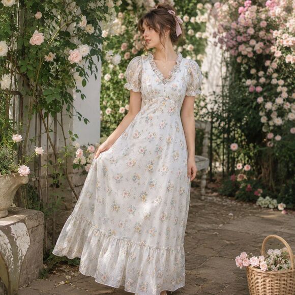 Source Unknown Dresses & Skirts - Vintage Garden Party Cottage Antique Style Coquette Feminine Floral Maxi Dress